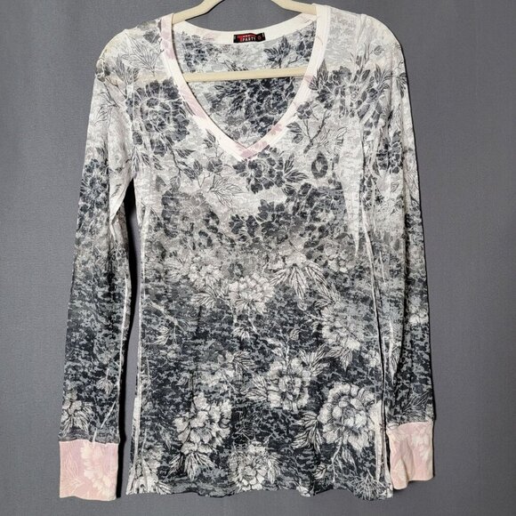 T Party Womens Y2K Floral Burnout Sheer Long Sleeve Fairy Grunge V-Neck Top M - Picture 2 of 12
